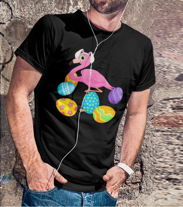 Flamingo Bunny Rabbit Hat With Colorful Easter Eggs Playing Easter T-Shirt
