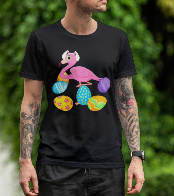 Flamingo Bunny Rabbit Hat With Colorful Easter Eggs Playing Easter T-Shirt