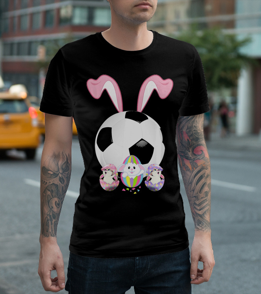 Soccer Easter Bunny Egg With Pink Ears And Colorful Easter Eggs T-Shirt