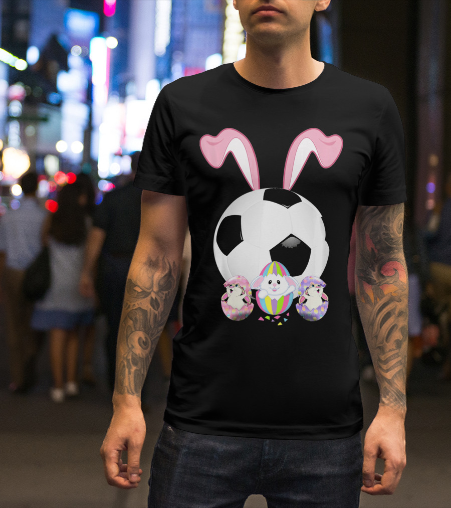 Soccer Easter Bunny Egg With Pink Ears And Colorful Easter Eggs T-Shirt