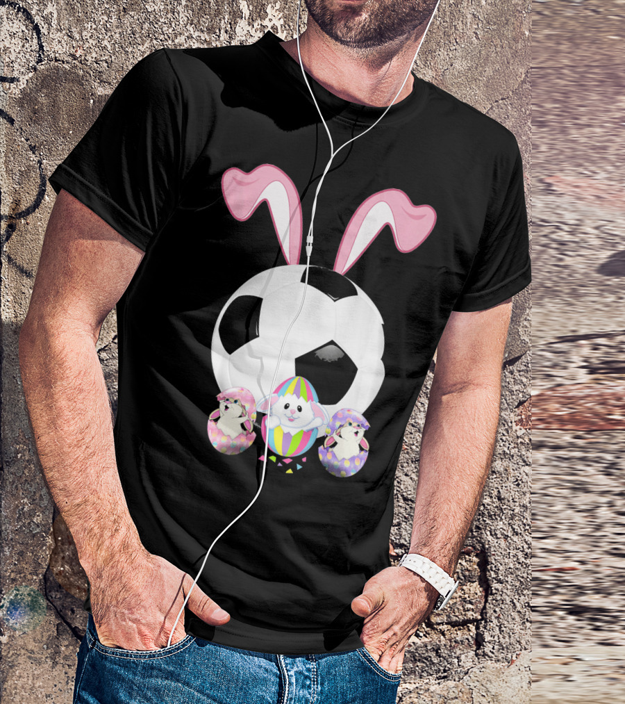 Soccer Easter Bunny Egg With Pink Ears And Colorful Easter Eggs T-Shirt