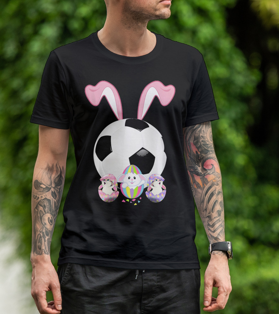 Soccer Easter Bunny Egg With Pink Ears And Colorful Easter Eggs T-Shirt