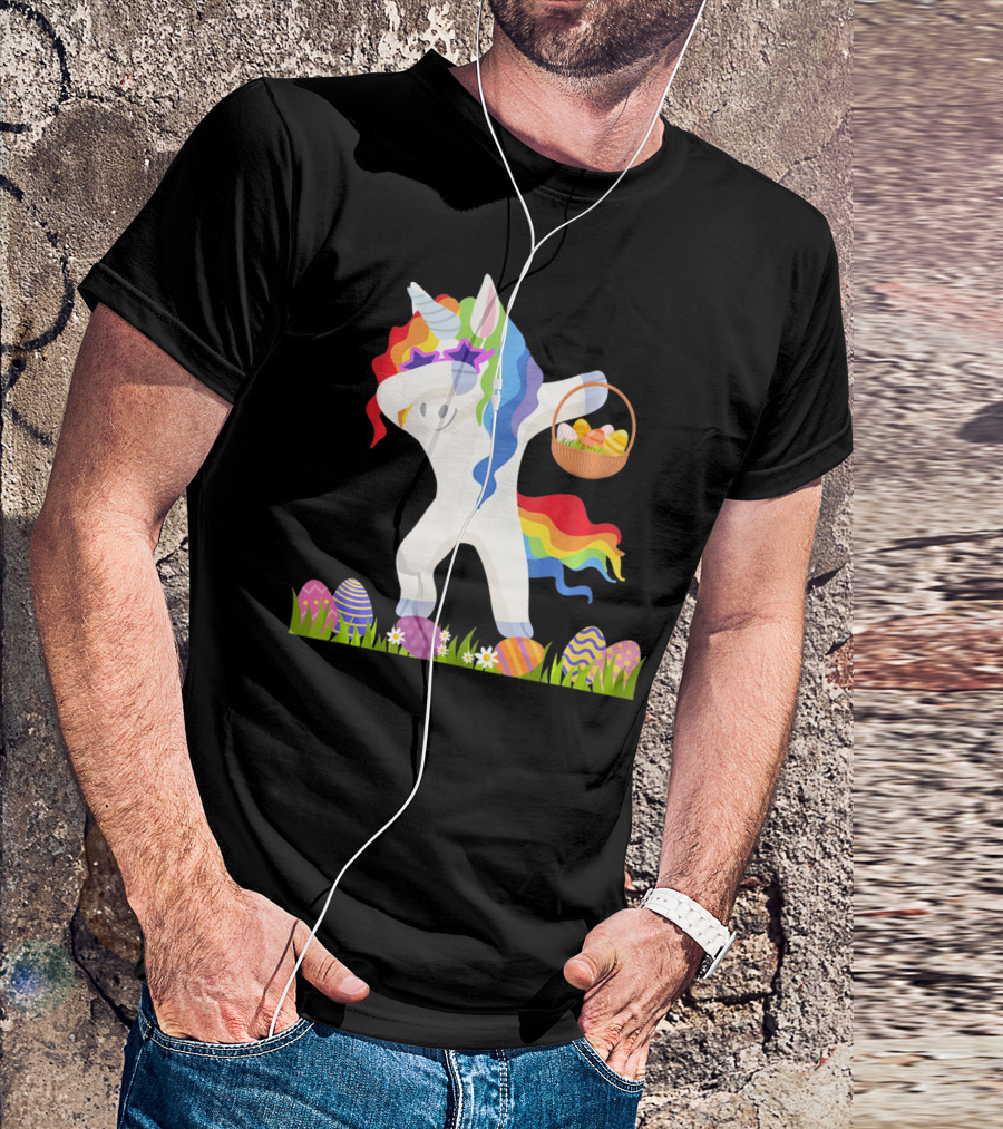 Funny Unicorn Dabbing With Easter Basket And Eggs Happy Easter Day T-Shirt