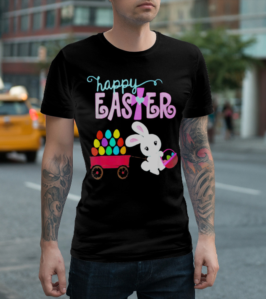 Happy Easter Bunny with Wagon of Colorful Eggs T-Shirt