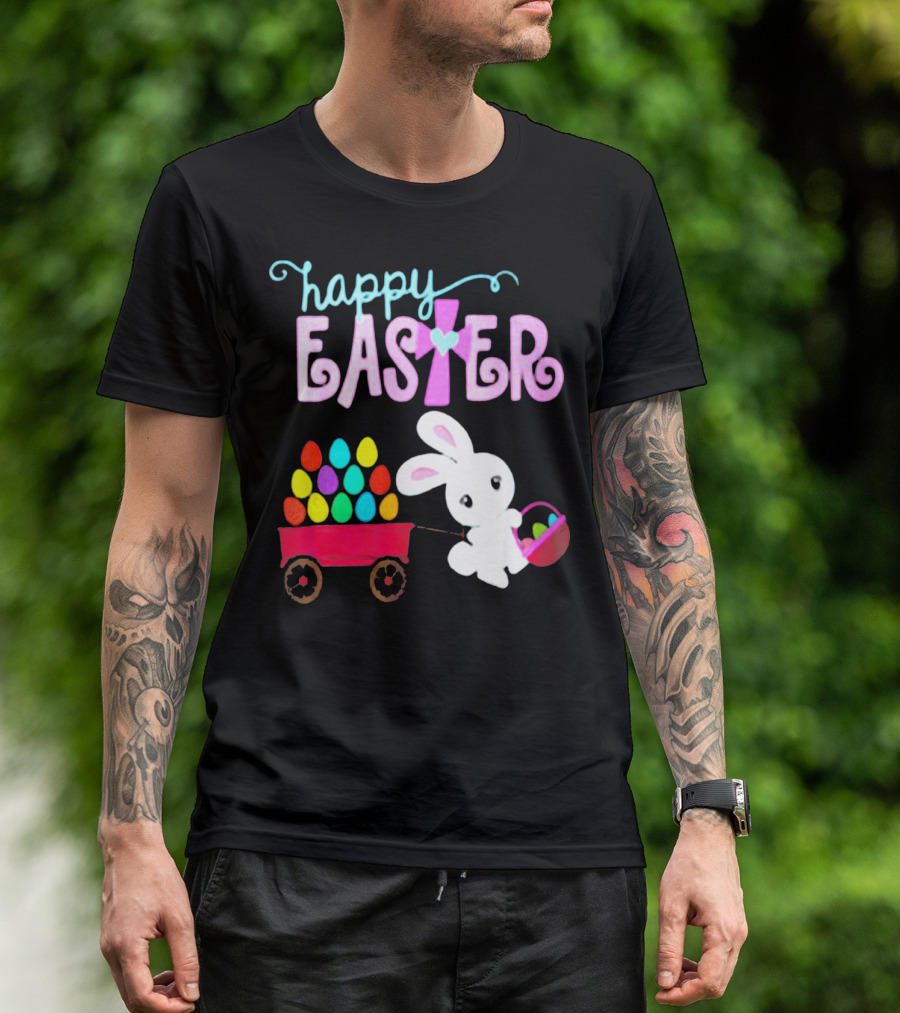 Happy Easter Bunny With Wagon Of Colorful Eggs T-Shirt