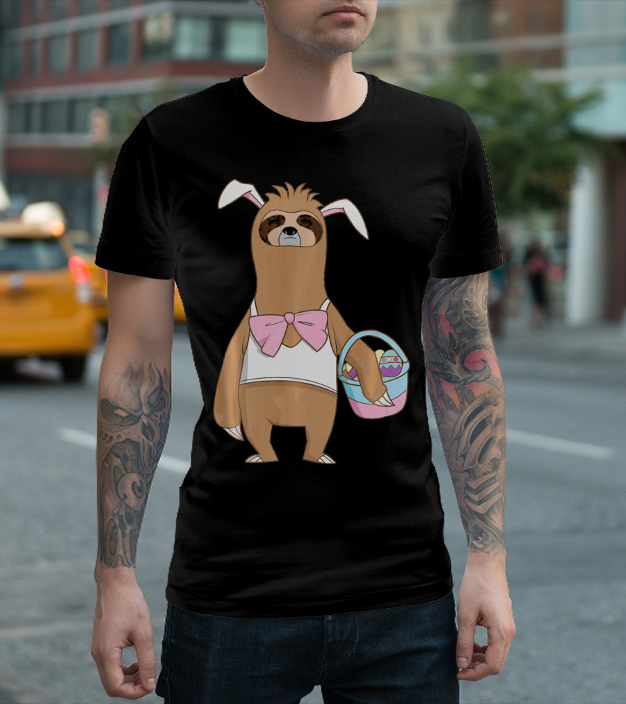 Sloth Easter Bunny Lazy Rabbit With Basket Of Eggs T-Shirt