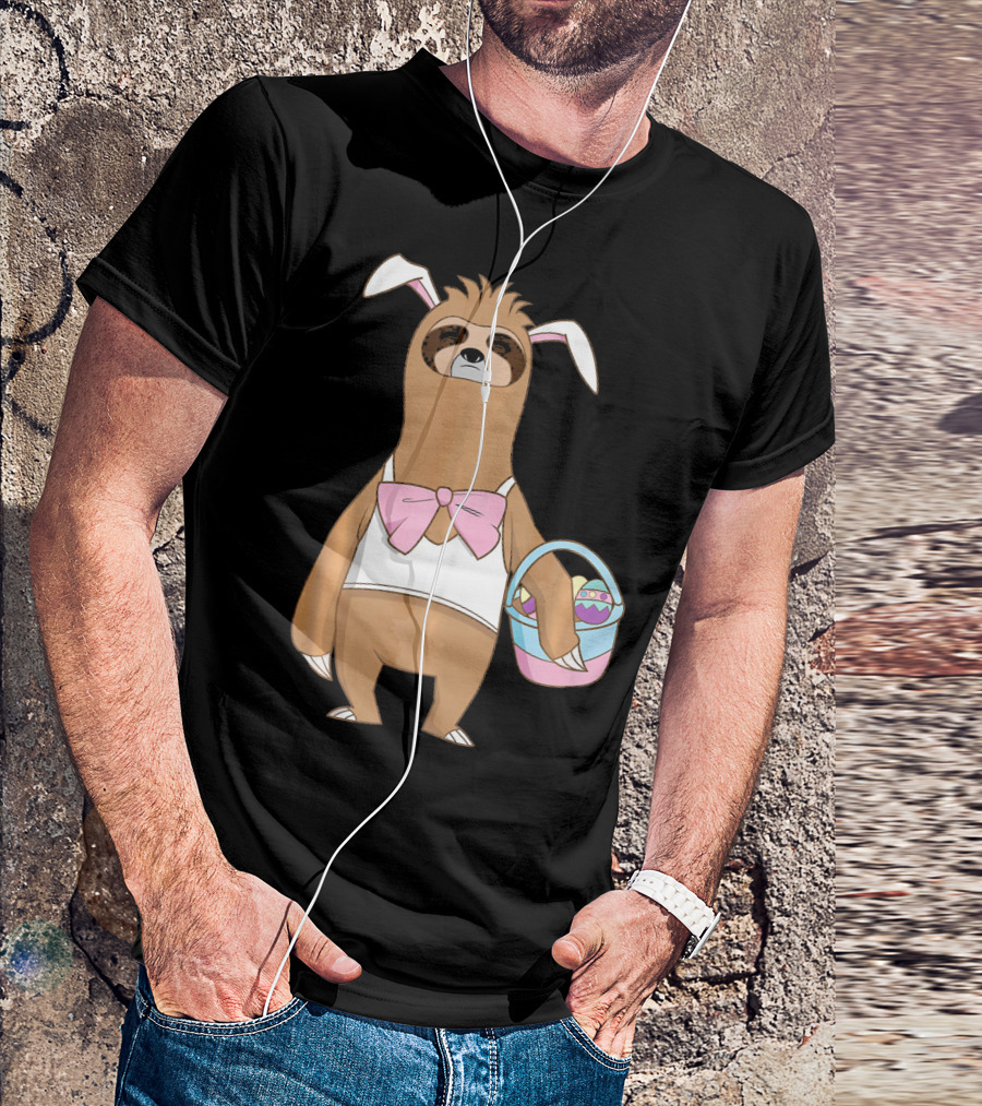 Sloth Easter Bunny Lazy Rabbit With Basket Of Eggs T-Shirt