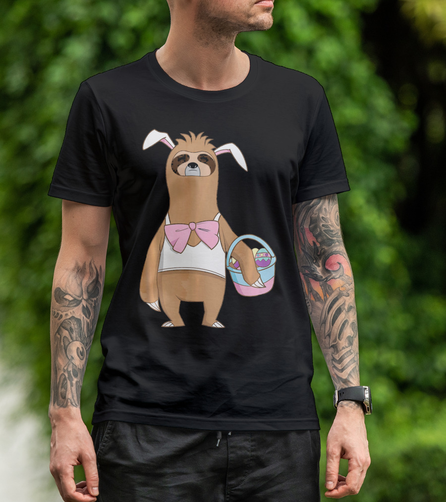 Sloth Easter Bunny Lazy Rabbit With Basket Of Eggs T-Shirt
