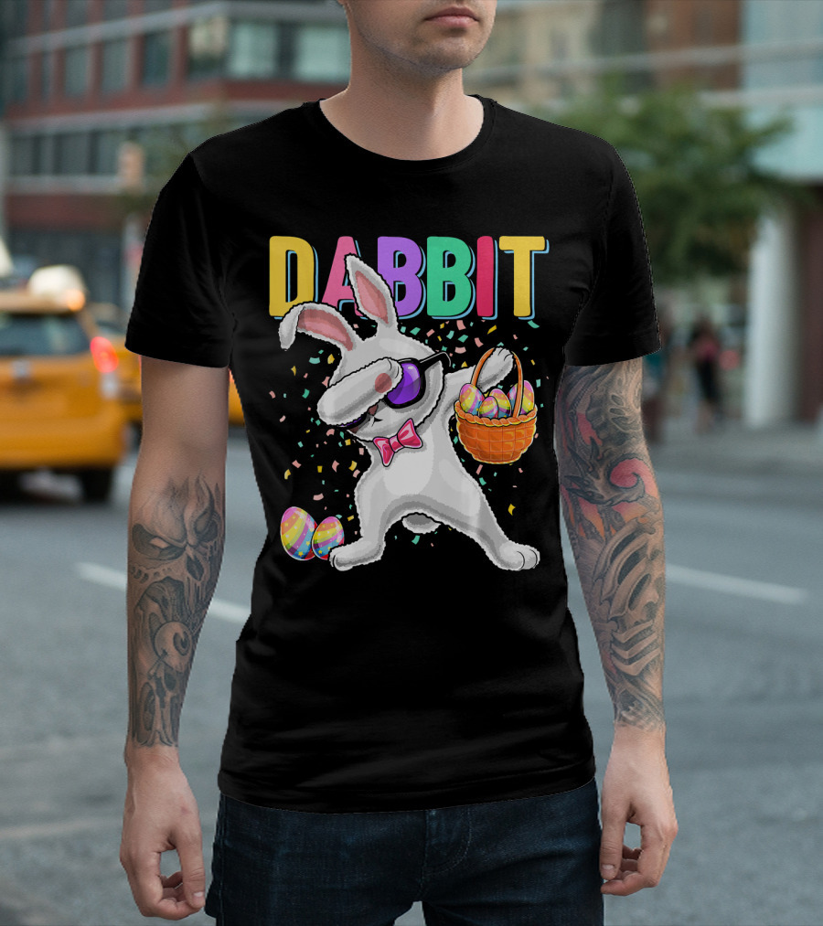 Dabbit Dabbing Easter Bunny with Eggs Basket and Confetti T-Shirt