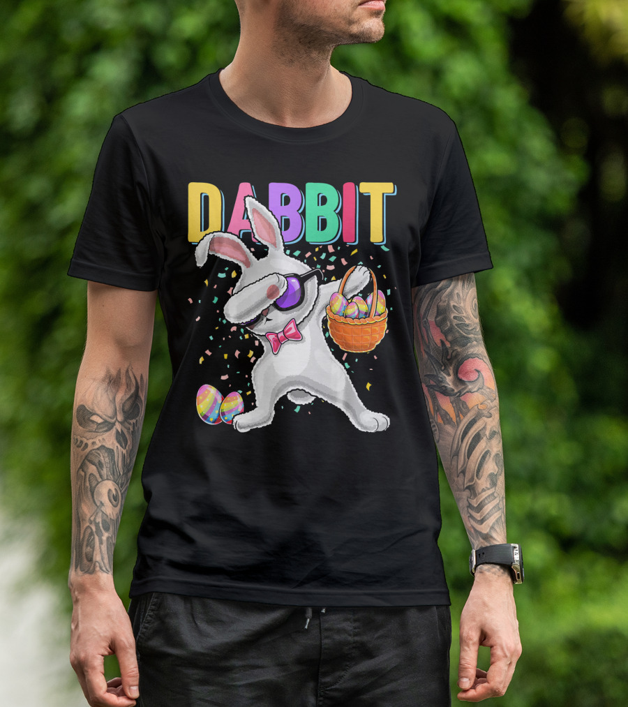 Dabbit Dabbing Easter Bunny With Eggs Basket And Confetti T-Shirt