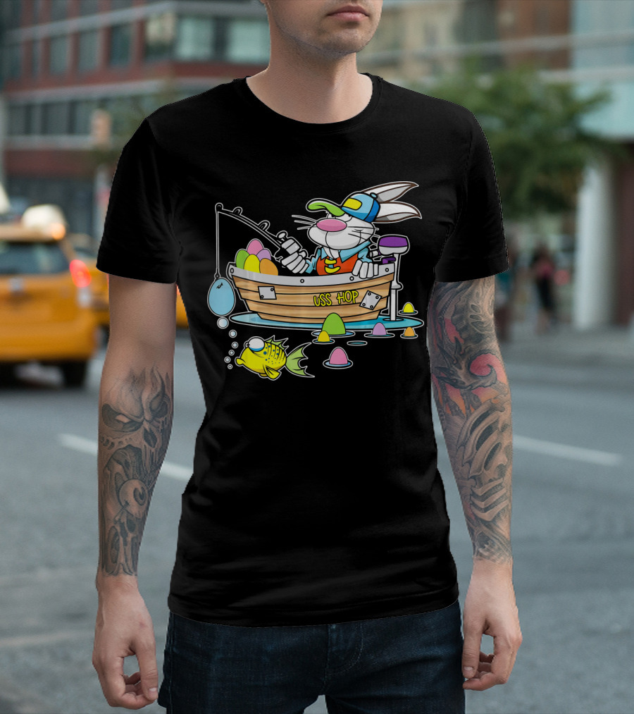 Fun Easter Bunny Fishing USS Hop with Eggs and Colorful Fish T-Shirt