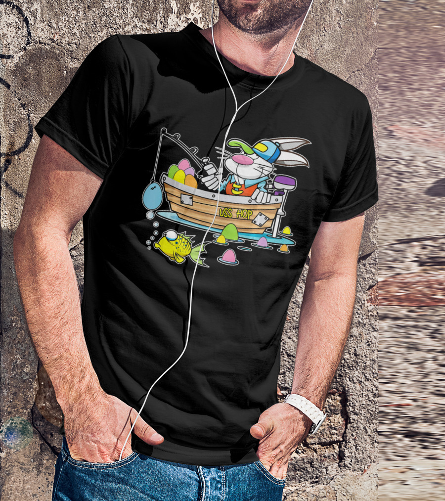 Fun Easter Bunny Fishing USS Hop With Eggs And Colorful Fish T-Shirt