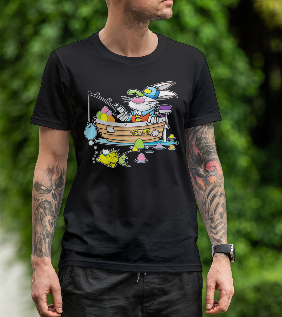 Fun Easter Bunny Fishing USS Hop With Eggs And Colorful Fish T-Shirt