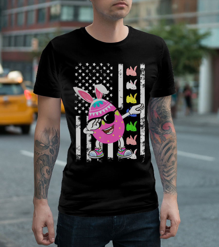 Dabbing Easter Egg Rabbit With American Flag And Bunny Icons T-Shirt