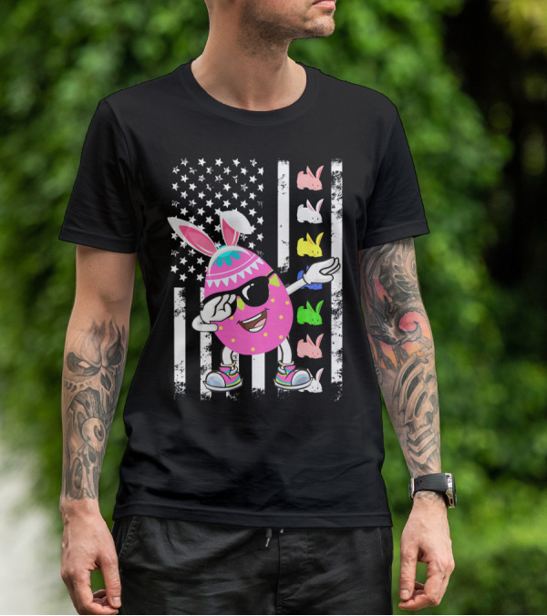 Dabbing Easter Egg Rabbit With American Flag And Bunny Icons T-Shirt
