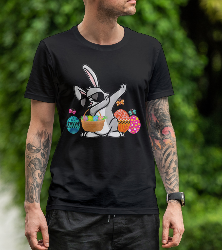 Dabbing Easter Bunny With Sunglasses And Basket Among Colorful Easter Eggs T-Shirt