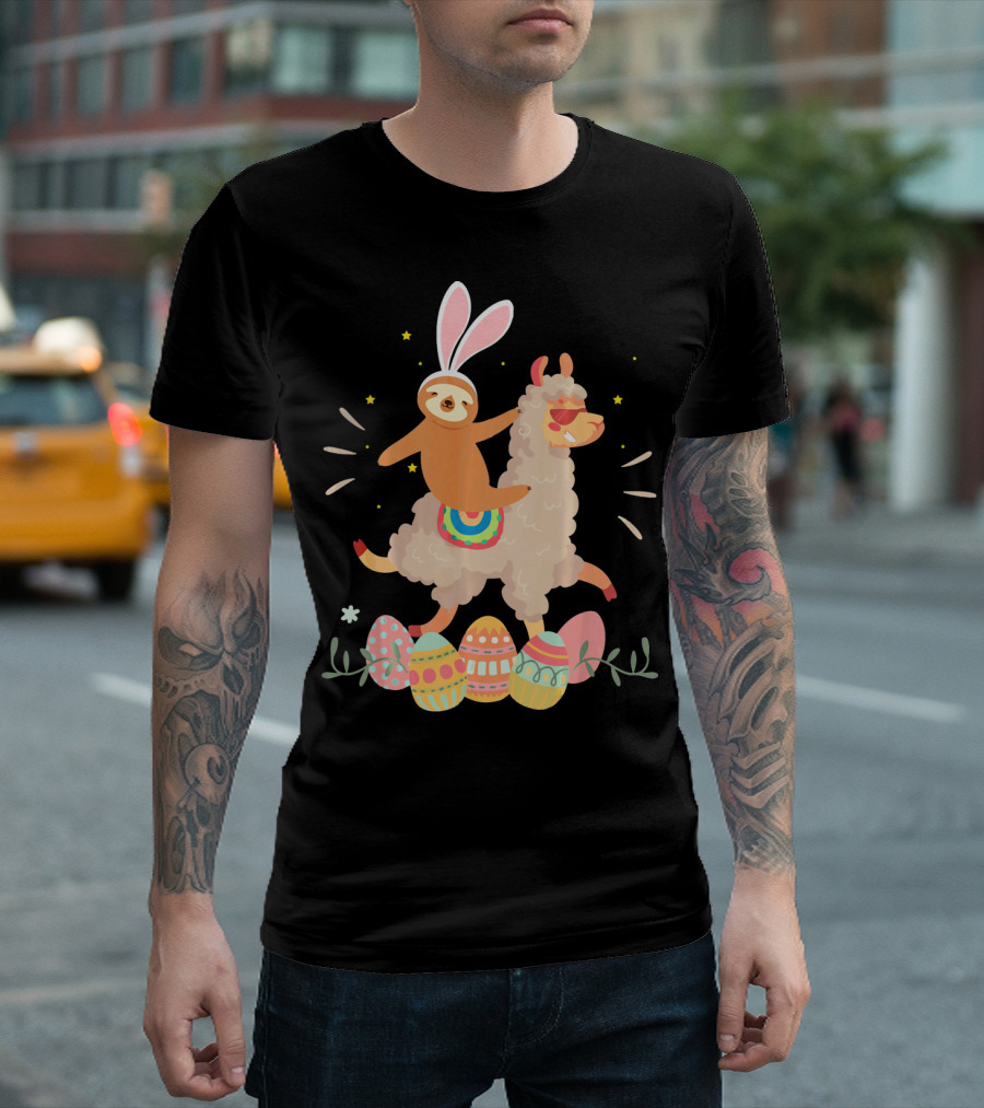 Cute Bunny Sloth Riding Llama Easter Eggs T-Shirt