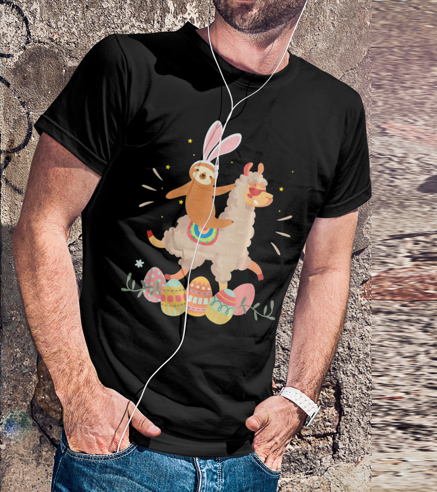 Cute Bunny Sloth Riding Llama Easter Eggs T-Shirt