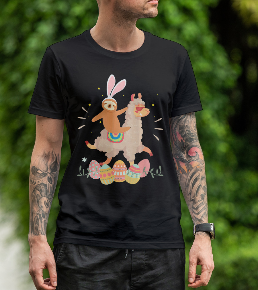Cute Bunny Sloth Riding Llama Easter Eggs T-Shirt
