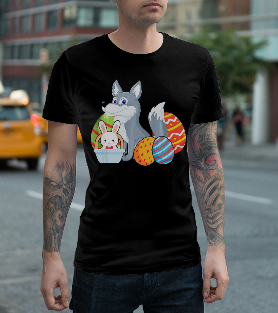 Easter Wolf Happy Bunny with Colorful Eggs T-Shirt