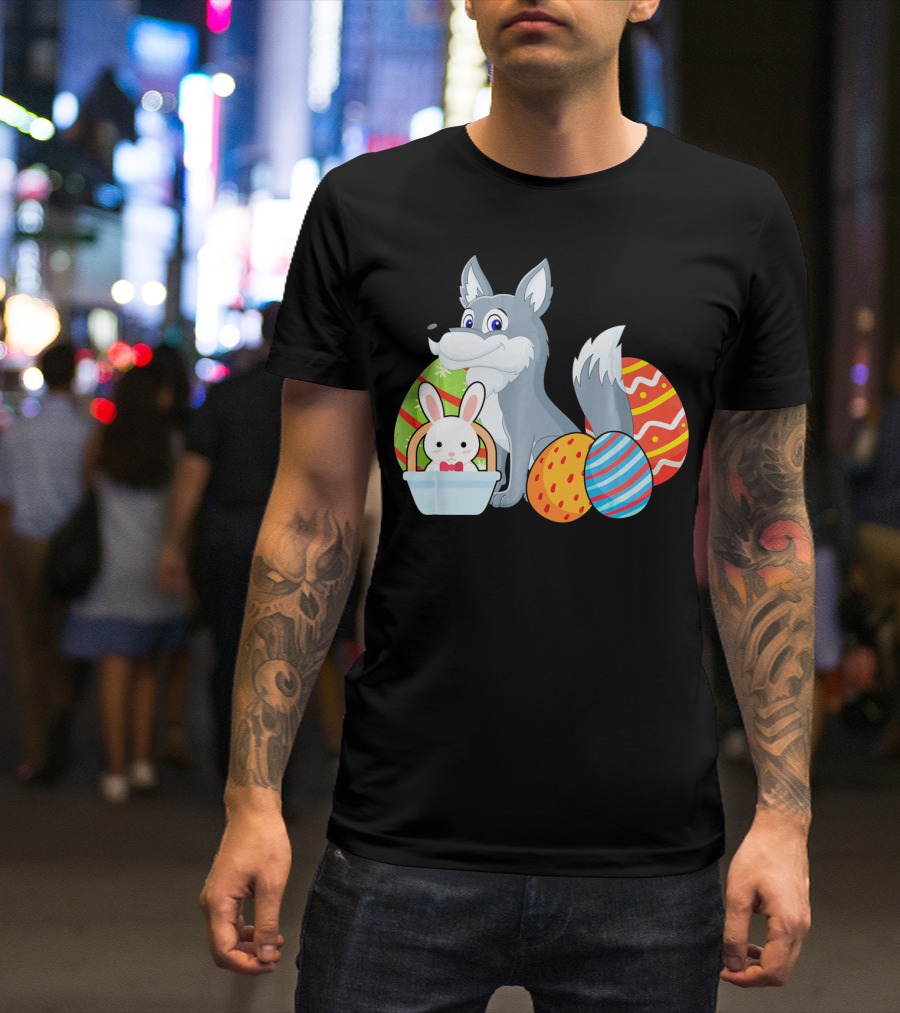 Easter Wolf Happy Bunny With Colorful Eggs T-Shirt