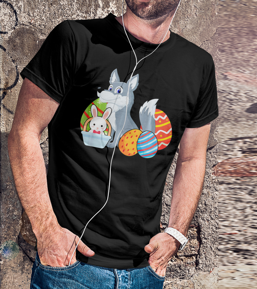 Easter Wolf Happy Bunny With Colorful Eggs T-Shirt