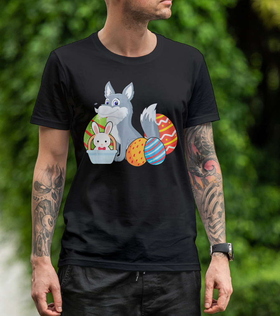 Easter Wolf Happy Bunny With Colorful Eggs T-Shirt