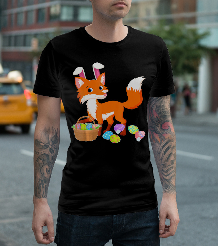 Happy Fox Easter Bunny Ears With Colorful Eggs Basket T-Shirt
