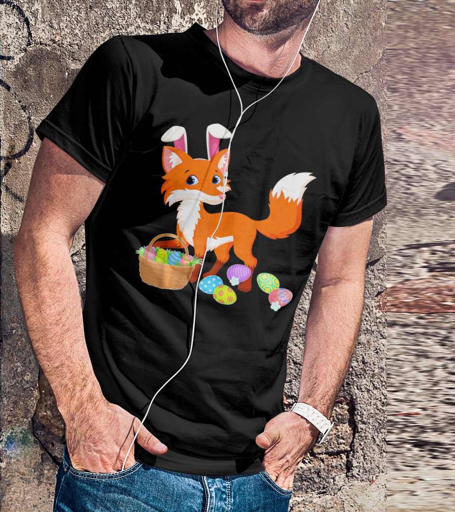 Happy Fox Easter Bunny Ears With Colorful Eggs Basket T-Shirt