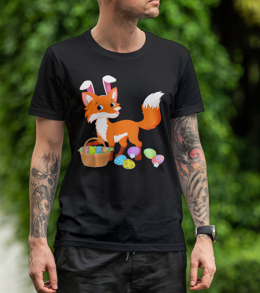 Happy Fox Easter Bunny Ears With Colorful Eggs Basket T-Shirt