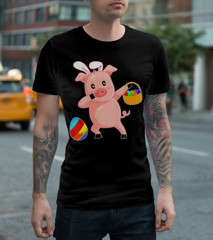 Easter Bunny Dabbing Pig with Colorful Egg Basket T-Shirt