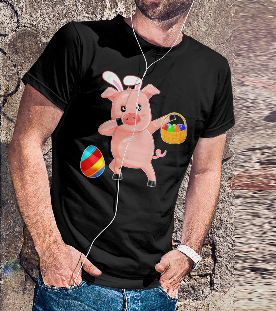 Easter Bunny Dabbing Pig With Colorful Egg Basket T-Shirt