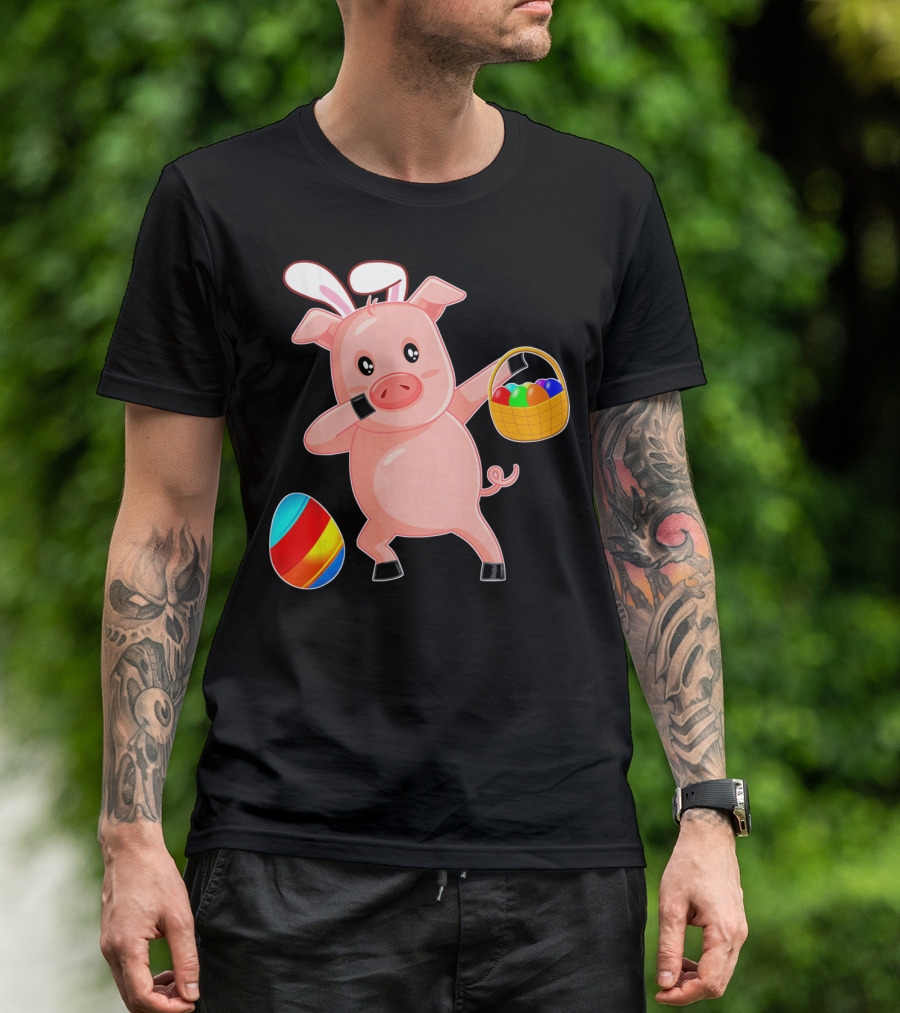 Easter Bunny Dabbing Pig With Colorful Egg Basket T-Shirt