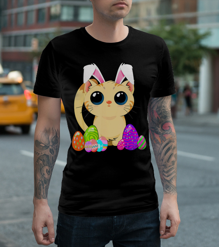 Cute Easter Cat Holiday Bunny Ears with Colorful Eggs T-Shirt