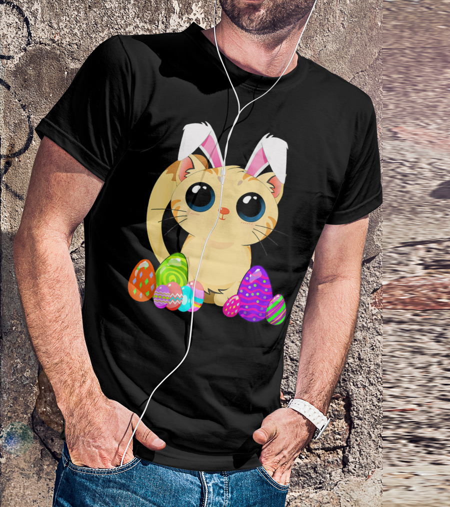 Cute Easter Cat Holiday Bunny Ears With Colorful Eggs T-Shirt