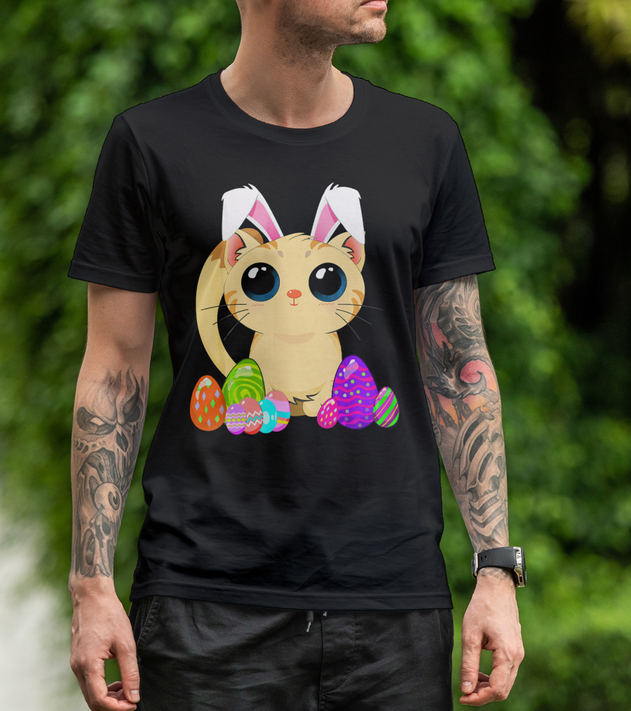 Cute Easter Cat Holiday Bunny Ears With Colorful Eggs T-Shirt