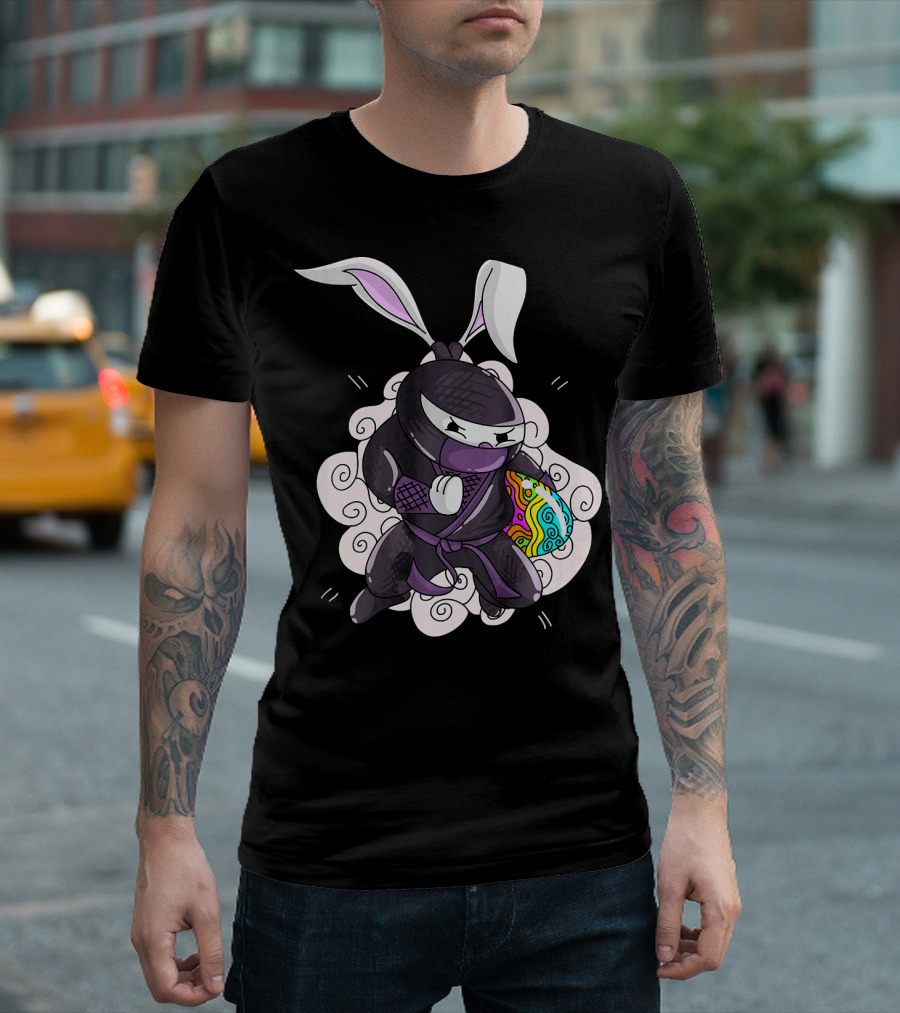Easter Bunny Ninja Holding Colorful Egg In Cute Little Egg Hunt Scene T-Shirt