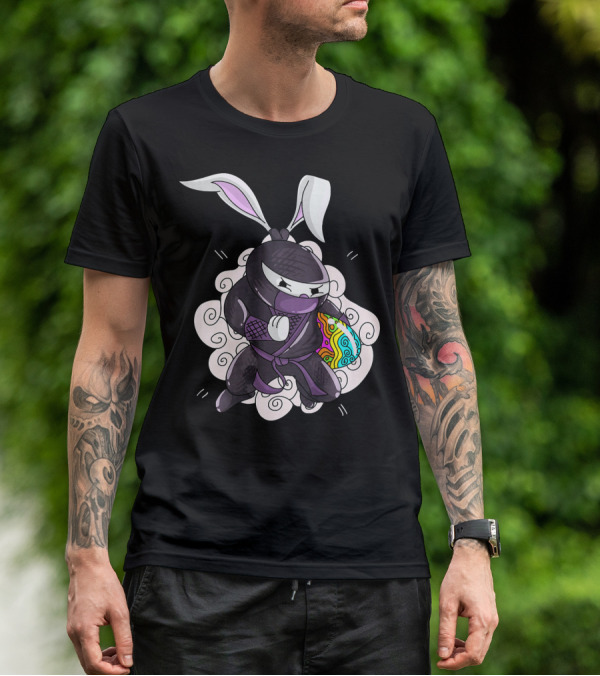 Easter Bunny Ninja Holding Colorful Egg In Cute Little Egg Hunt Scene T-Shirt