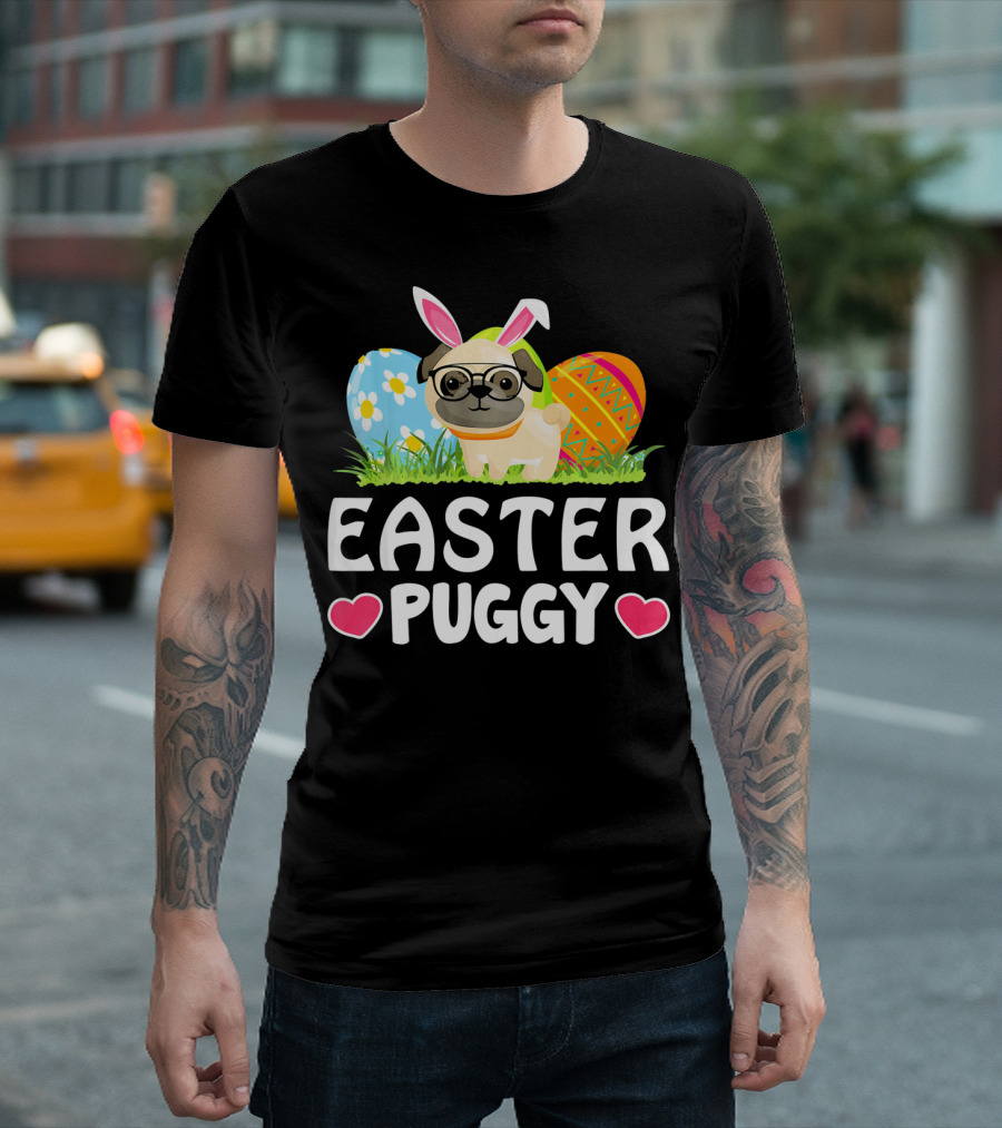 Easter Puggy Cute Dog Pug Funny Easter Bunny Ears And Eggs T-Shirt
