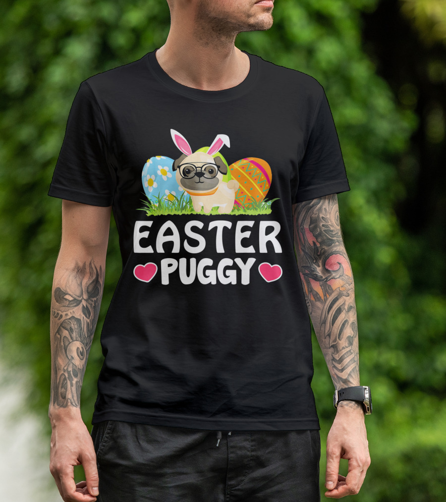 Easter Puggy Cute Dog Pug Funny Easter Bunny Ears And Eggs T-Shirt