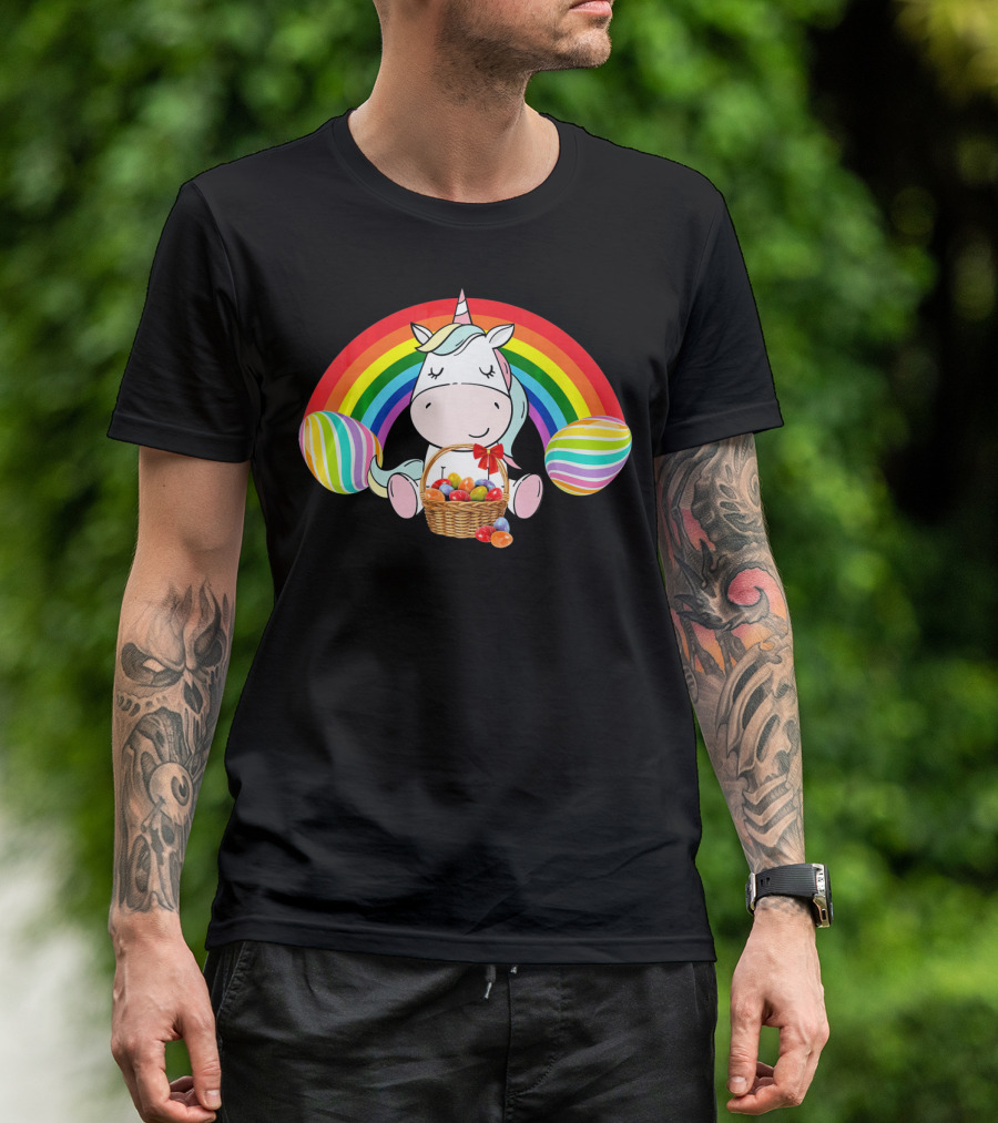 Unicorn Easter With Rainbow And Basket Of Eggs T-Shirt