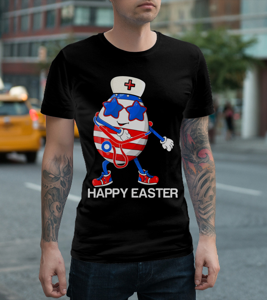 Happy Easter Flossing Egg with Stethoscope Nurse Hat and Stars T-Shirt