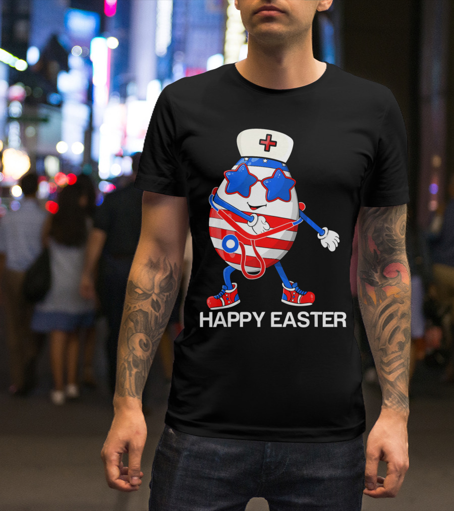 Happy Easter Flossing Egg With Stethoscope Nurse Hat And Stars T-Shirt