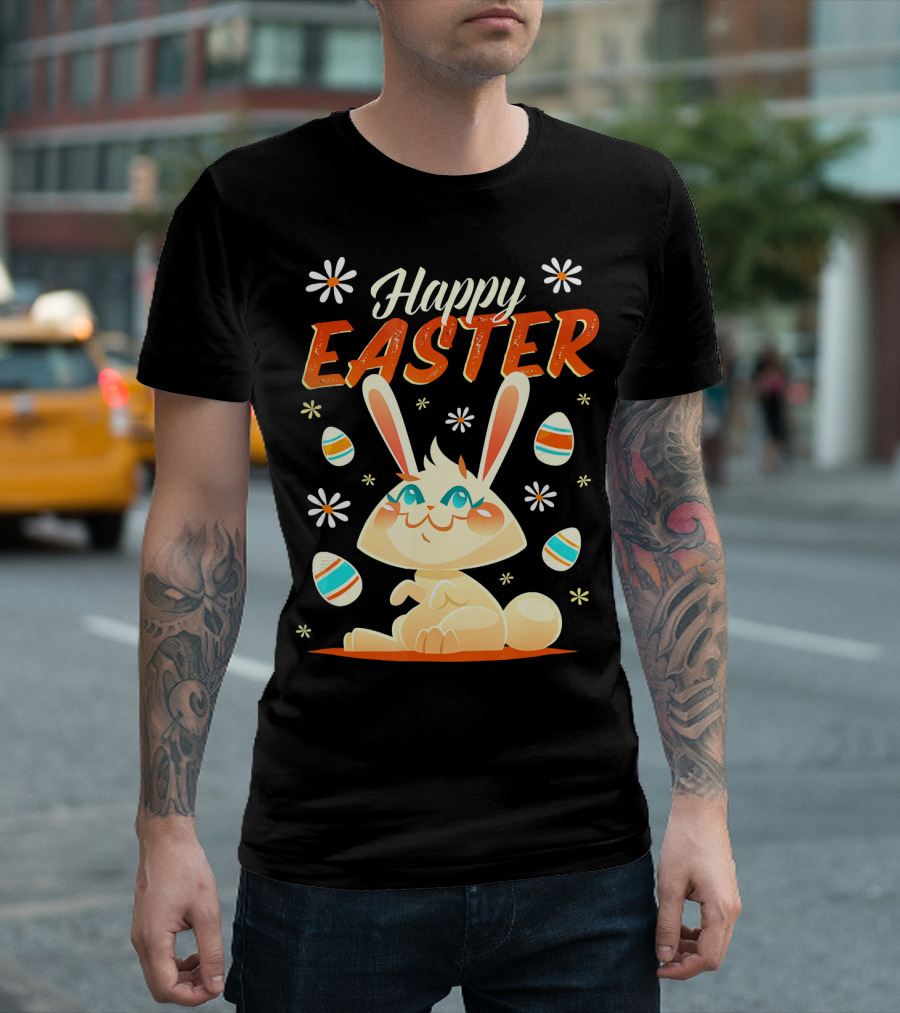 Happy Easter Bunny Surrounded by Colorful Eggs and Daisies T-Shirt
