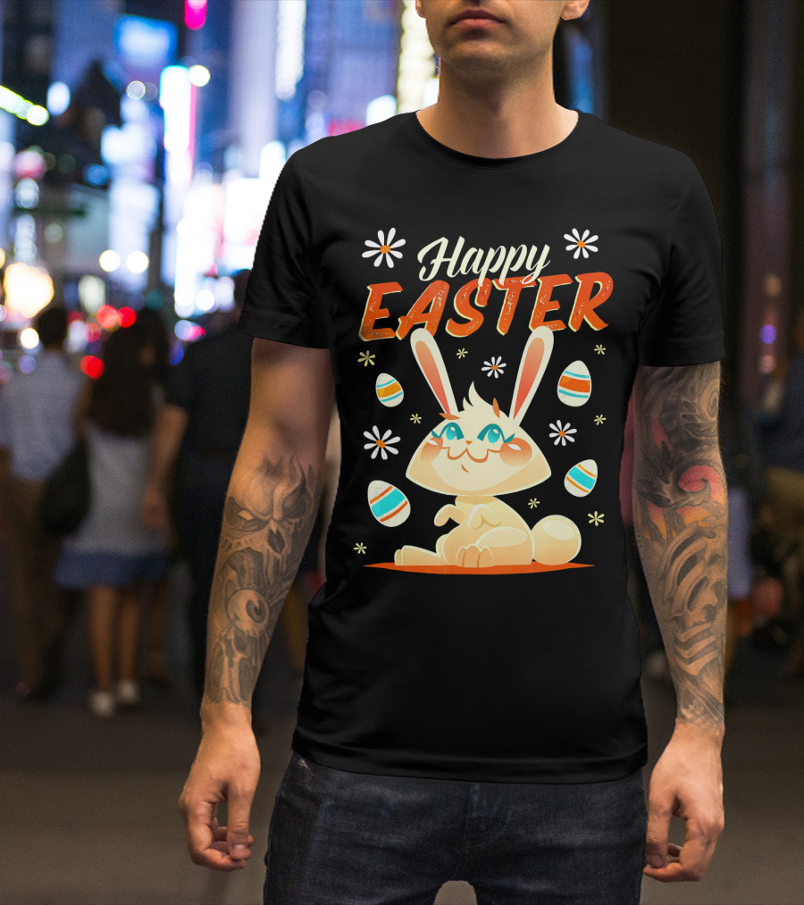 Happy Easter Bunny Surrounded By Colorful Eggs And Daisies T-Shirt