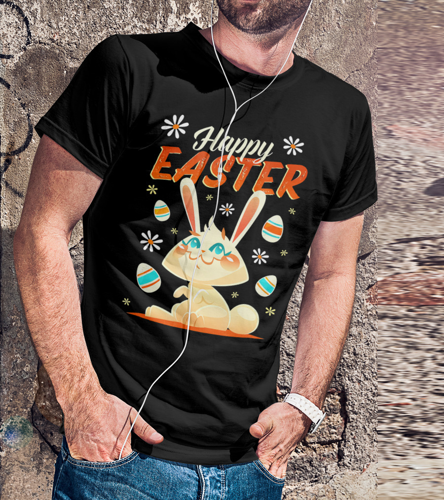 Happy Easter Bunny Surrounded By Colorful Eggs And Daisies T-Shirt