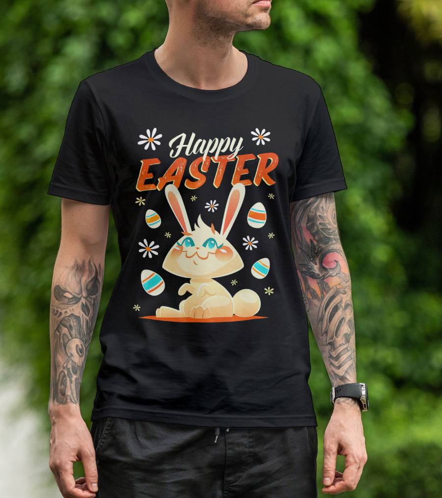 Happy Easter Bunny Surrounded By Colorful Eggs And Daisies T-Shirt