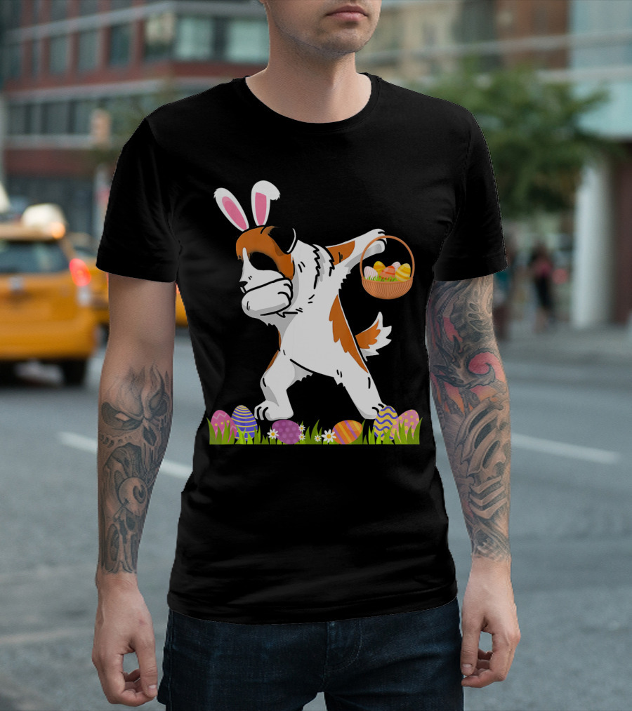 Funny Saint Bernard Dog Dabbing with Easter Bunny Ears and Basket of Eggs T-Shirt