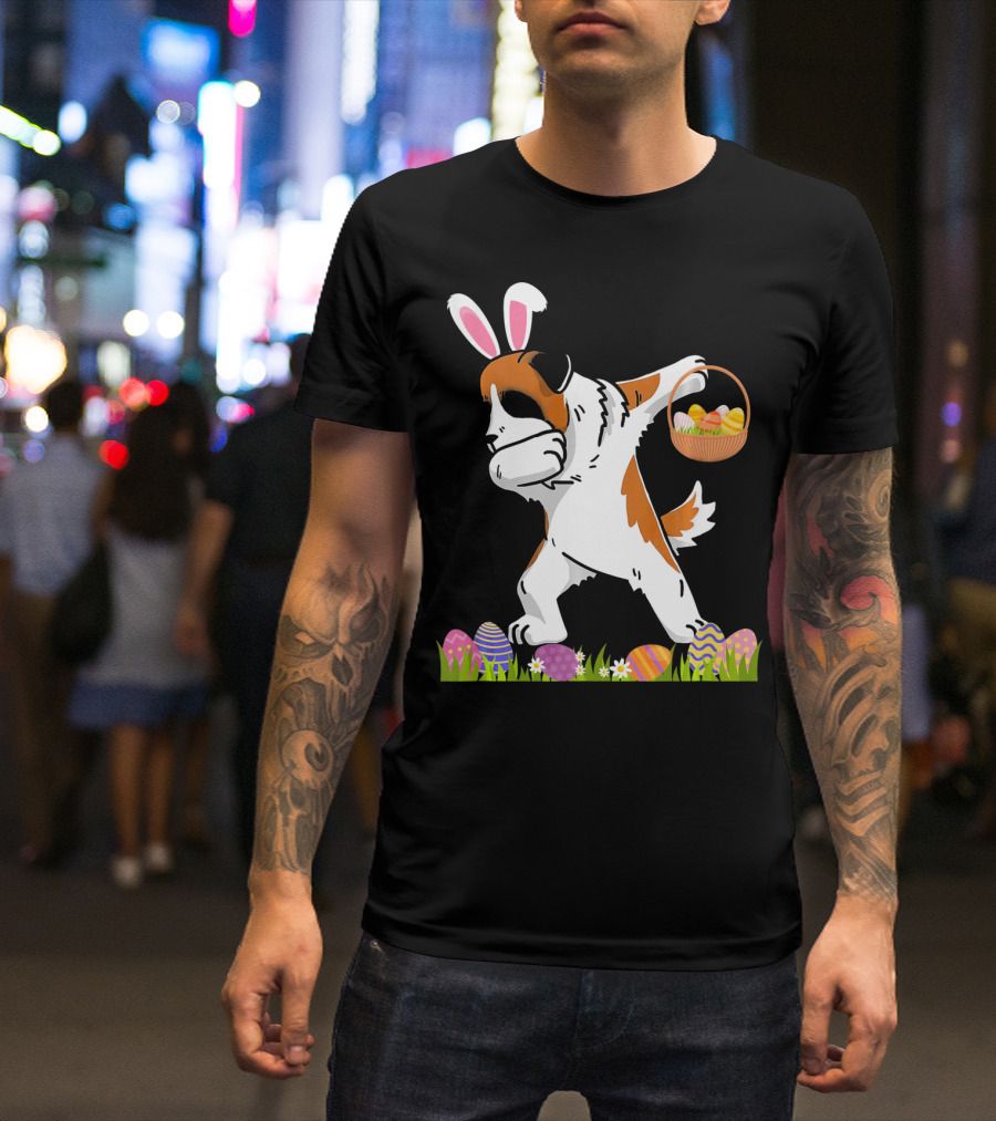 Funny Saint Bernard Dog Dabbing With Easter Bunny Ears And Basket Of Eggs T-Shirt
