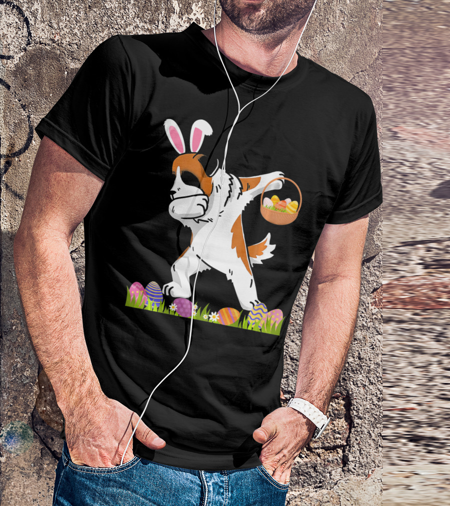Funny Saint Bernard Dog Dabbing With Easter Bunny Ears And Basket Of Eggs T-Shirt